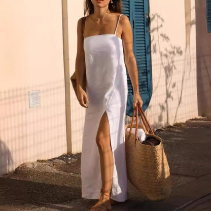 Women's Midi Dress – Relaxed Fit – Spaghetti Straps – Natural Fibers – Slit