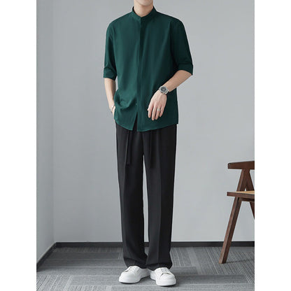 Men's Shirt with Long Sleeves – Relaxed Fit – Lightweight and Breathable Material – Mandarin Collar