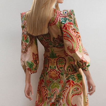 Dress for Women – A-line Cut – Satin Look – V-neck – Long Sleeves – Paisley Pattern