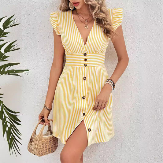 Women's Dress – V-neck A-line – Ruched Cap Sleeves – Button Closure – Striped Lightweight Fabric