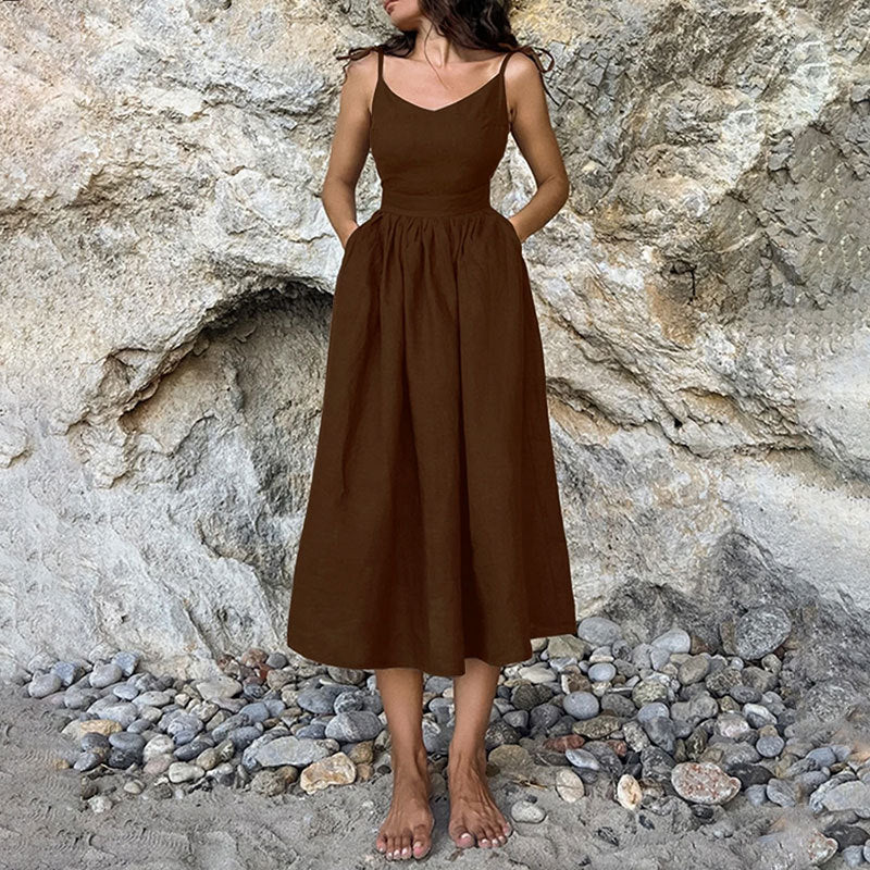 Women's Midi Dress – V-Neck – High Waist – Open Back – Adjustable Straps – Slit