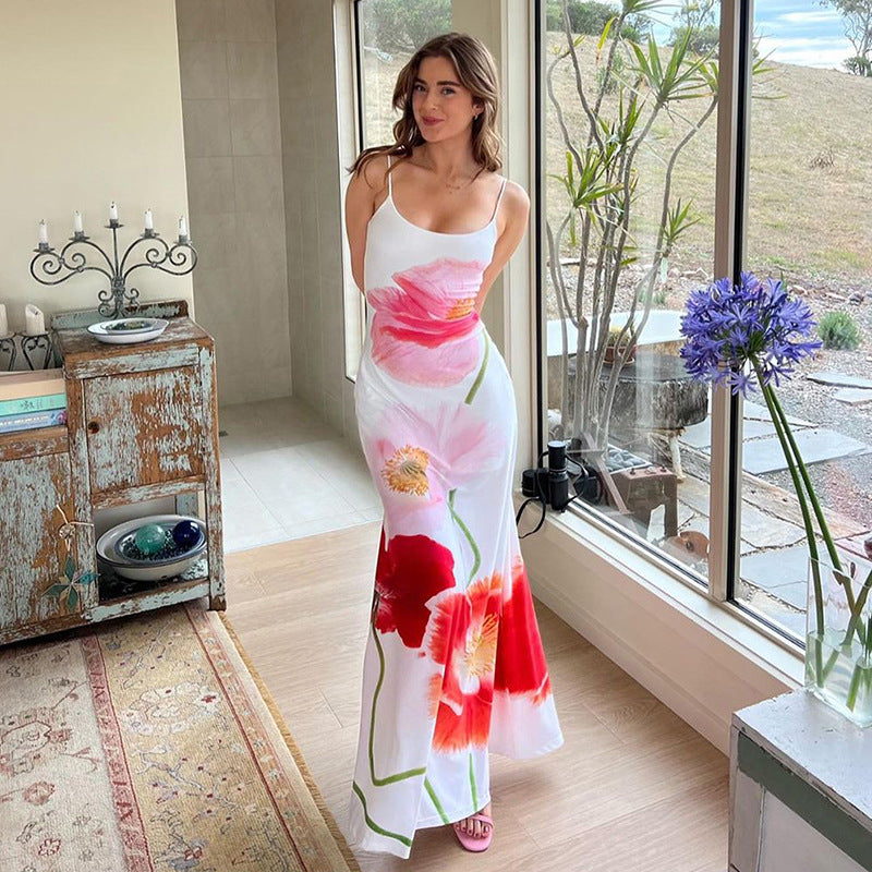 Dress for Women – Maxi Length – Slim Fit – Spaghetti Straps – Low Back – Floral Print