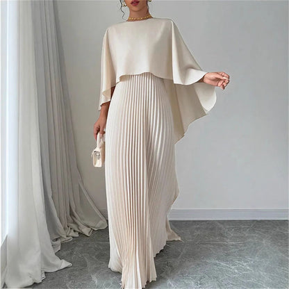 Women's Elegant Pleated Maxi Dress - Batwing Sleeves - High Neck - Flowing Fit
