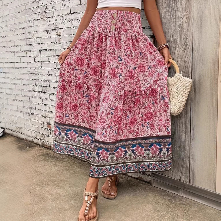 Women's Maxi Skirt – Bohemian Floral – Elastic Waist – Layered – Breathable Comfort
