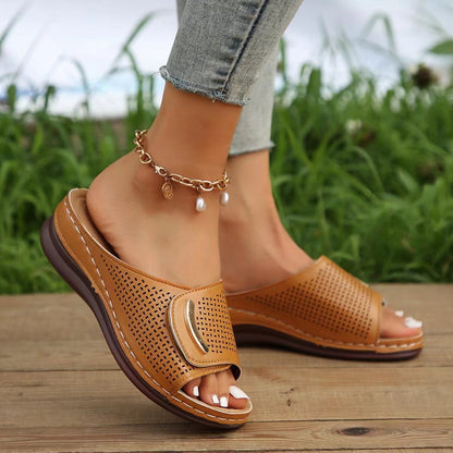 Women's Sandals with Wedge Heel – Slip-on – Wide Strap – Perforated Faux Leather – Comfort