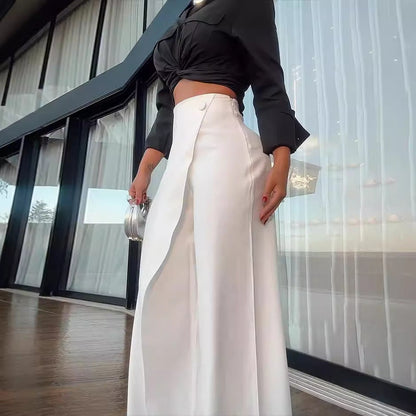 Women's Set – Satin Crop Top with Tie – High-Waisted Wide Pants