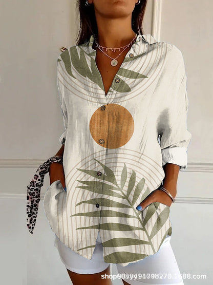 Women’s Blouse – Long-Sleeve Relaxed Fit – V-Neck Abstract Print – Modern Casual