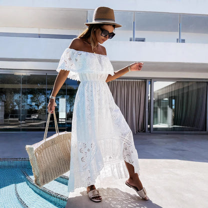 Women's maxi dress – off-shoulder – lace details – bohemian cut – loose fit