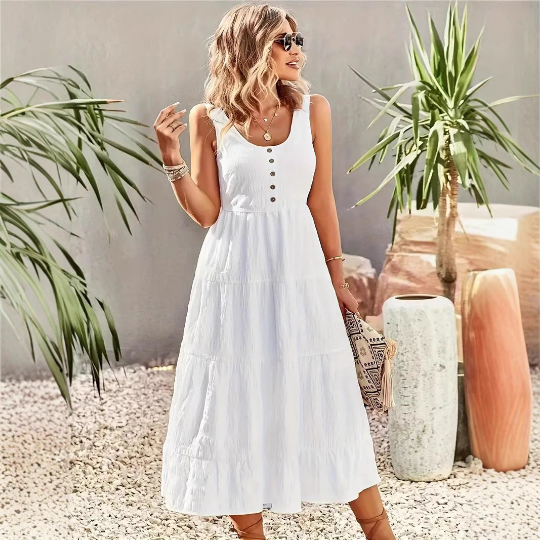 Dress for Women – Maxi A-line – Sleeveless – U-neck – Button Details – Layered Skirt