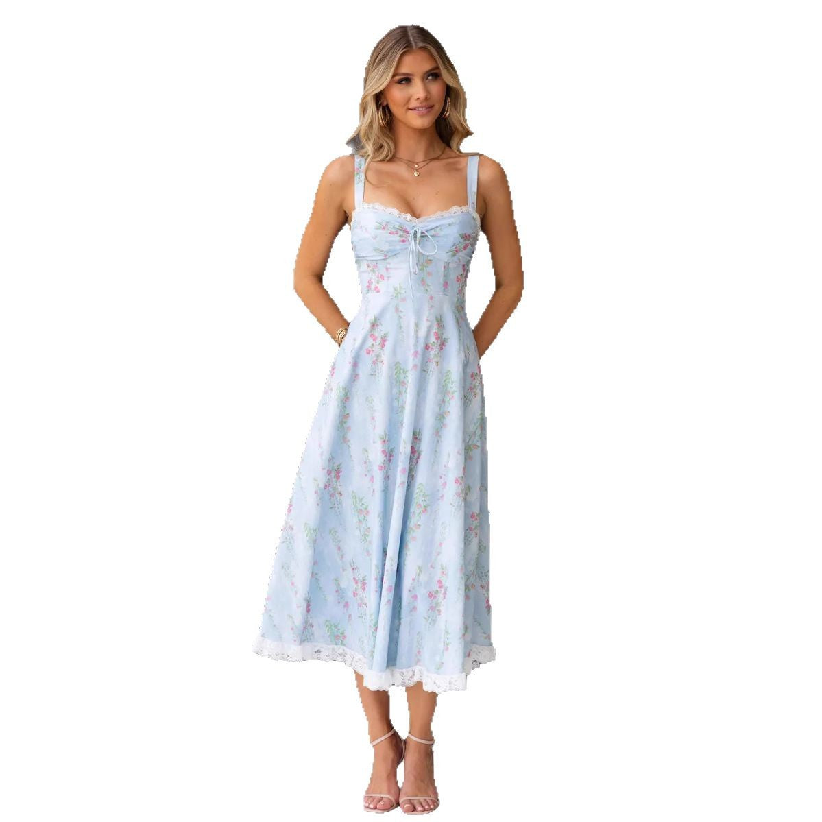 Women's Dress Midi – A-line Cut – Spaghetti Straps – Floral Pattern and Lace Trim