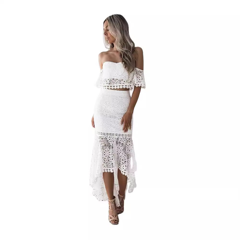 Women's Set – Off Shoulder Bustier Top with Lace – High Waist Pencil Skirt