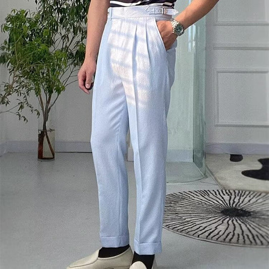 Men's Trousers – Straight Leg – High Waist – Front Pleats – Textured Breathable Fabric