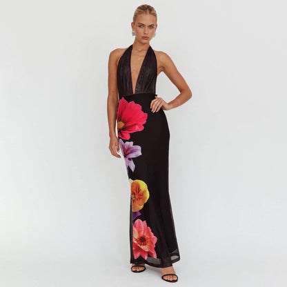 Women's Maxi Dress – Slim Fit – Mesh – Halterneck – Deep V-neck – Floral Print