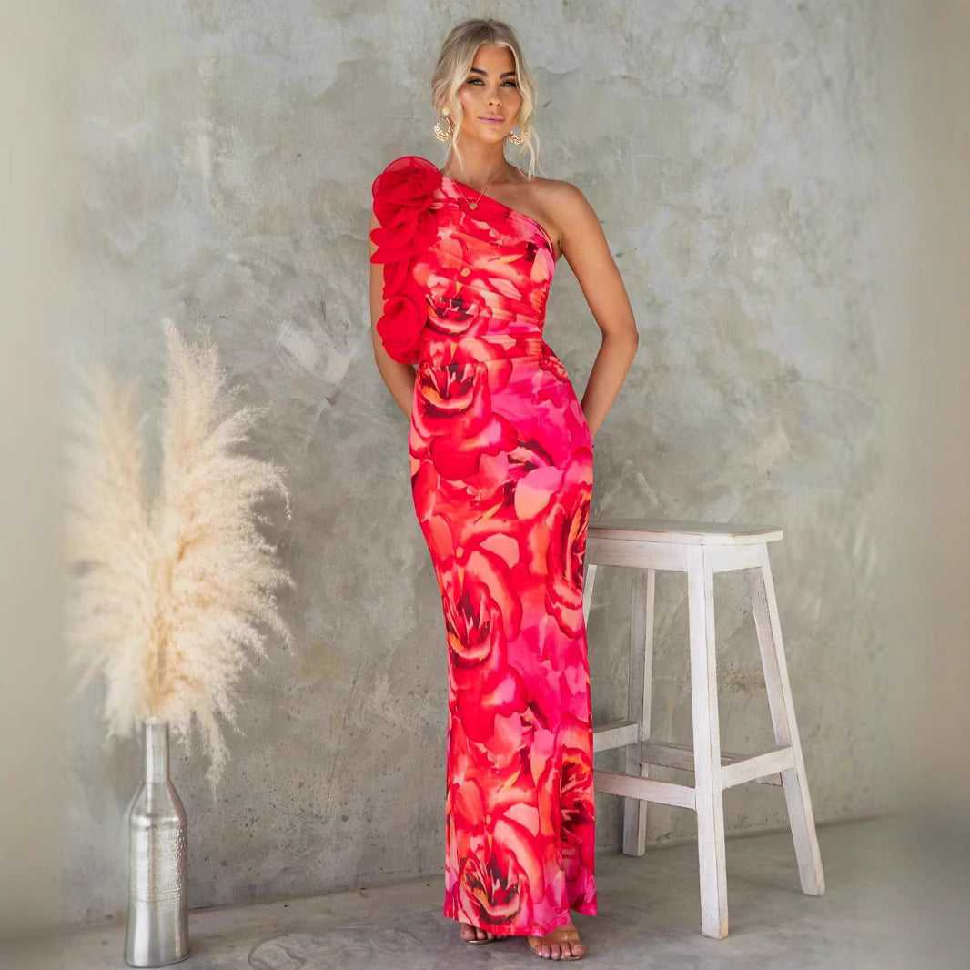 Women's Midi Dress – Slim Fit – One-Shoulder – 3D Flower Detail – Satin Look