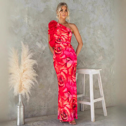 Women's Midi Dress – Slim Fit – One-Shoulder – 3D Flower Detail – Satin Look