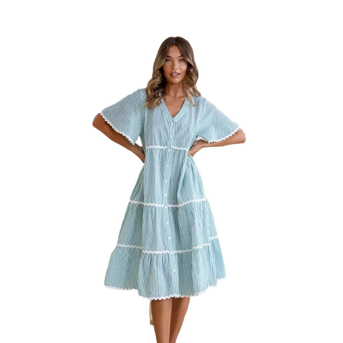 Dress for Women – V-Neck – Loose Fit – Layered Design with Lace Trim