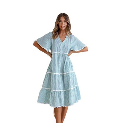 Dress for Women – V-Neck – Loose Fit – Layered Design with Lace Trim