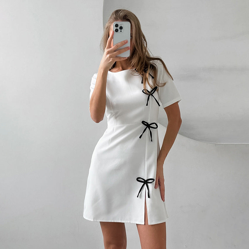 Women's A-line Dress – Short Sleeved – Round Neck – Bow Details – Mini Elegant Fit
