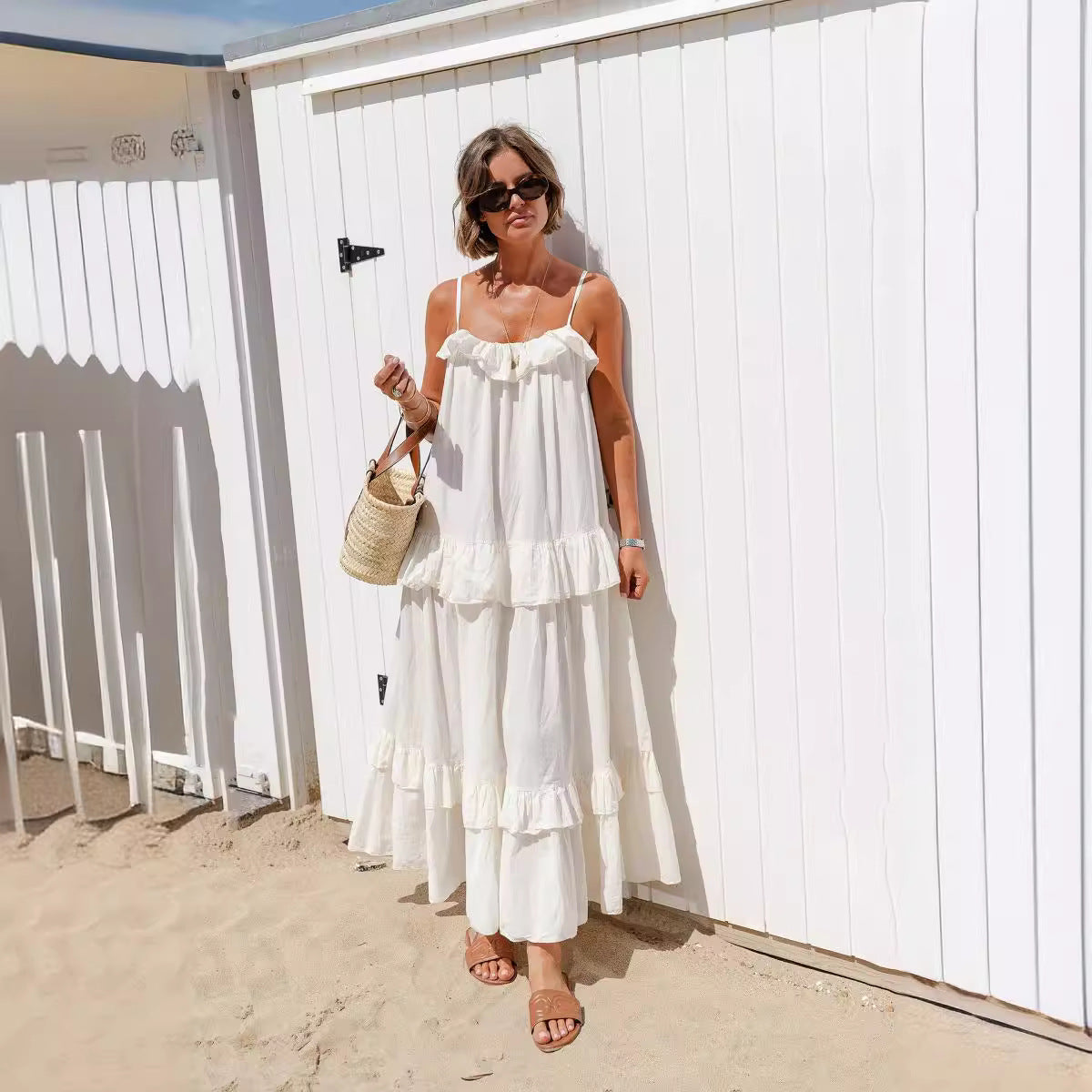 Women's Maxi Dress – Flowy Fit – Ruched Neckline – Layered Skirt – Spaghetti Straps