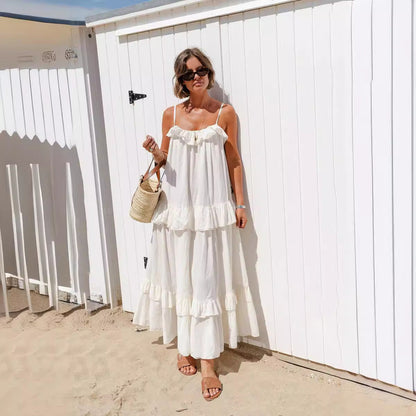 Women's Maxi Dress – Flowy Fit – Ruched Neckline – Layered Skirt – Spaghetti Straps