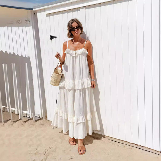 Women's Maxi Dress – Flowy Fit – Ruched Neckline – Layered Skirt – Spaghetti Straps