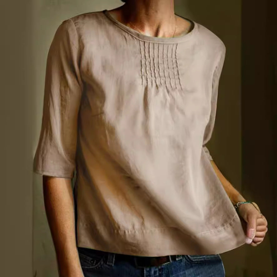 Women's Blouse – Cotton Linen Mix – Loose Fit – 3/4 Sleeves – Pleated Front