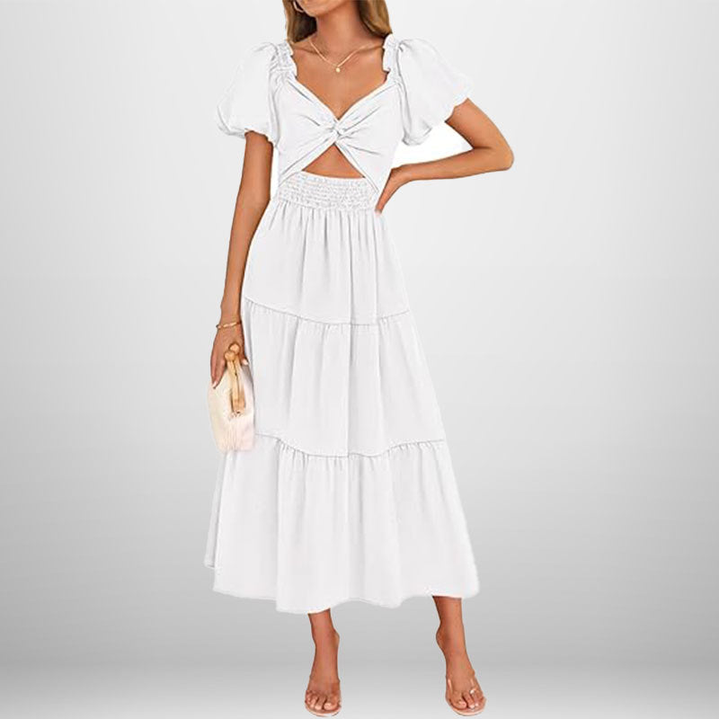 Women's Long Dress – V-Neck – Puff Sleeves – Smocked Waist – A-Line with Ruffles