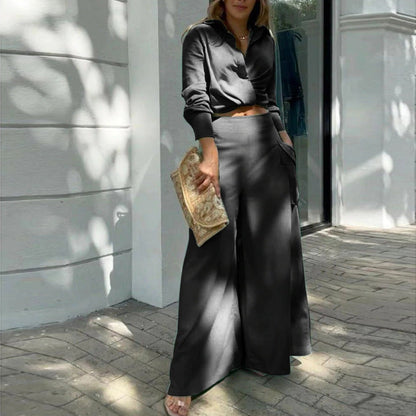 Women's Set – Tailored Blouse with Long Sleeves – High-Waisted Wide Pants – Lightweight Material