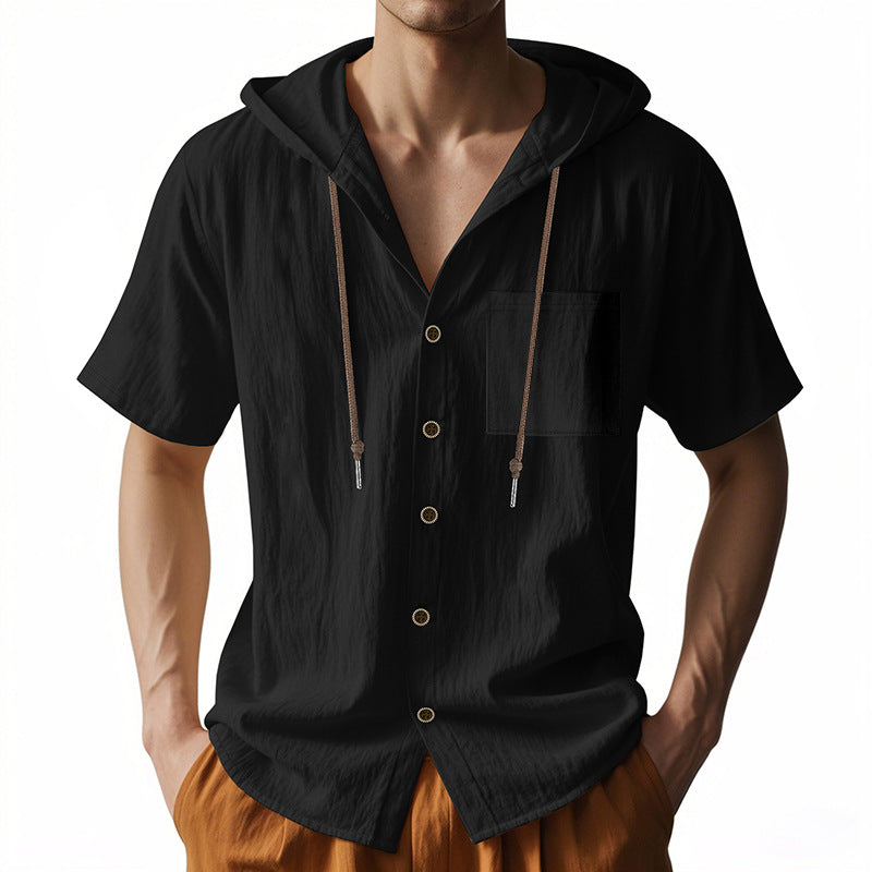 Men's Shirt with Hood – Linen Blend – Relaxed Fit – Short Sleeves – Button Closure