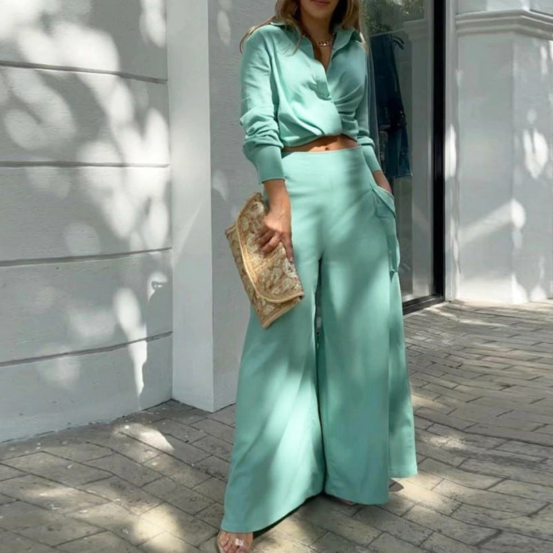Women's Set – Tailored Blouse with Long Sleeves – High-Waisted Wide Pants – Lightweight Material