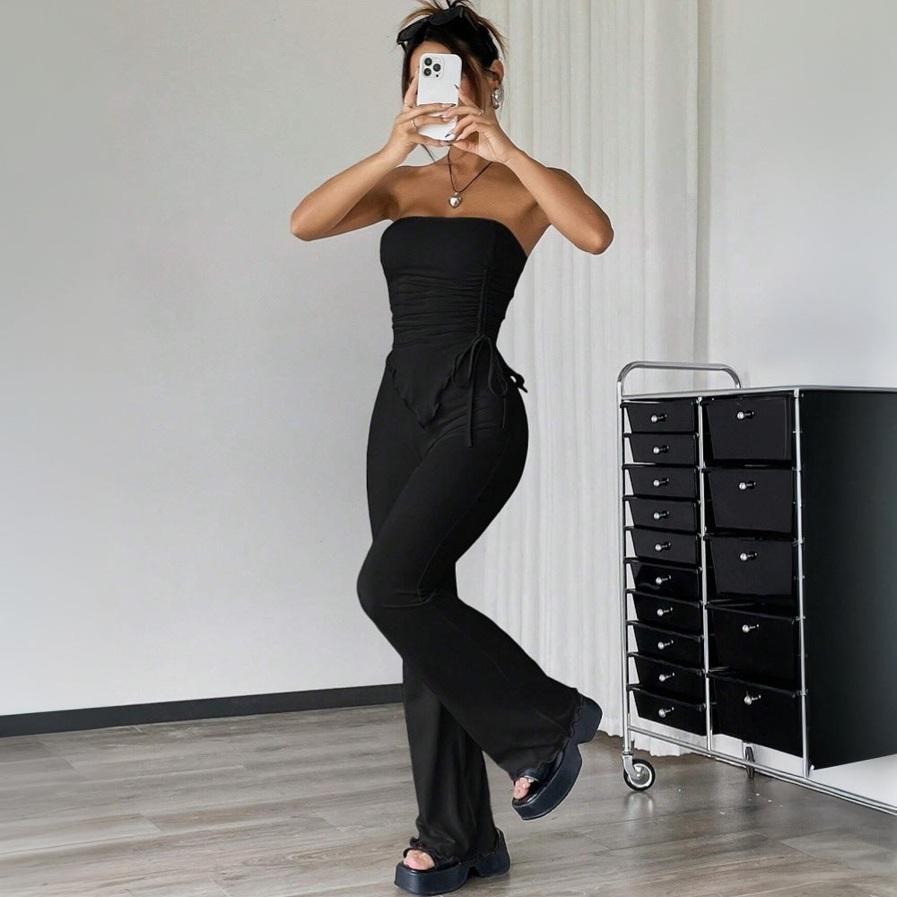Women's Two-Piece Set – Strapless Bandeau Top – High-Waisted Flared Pants – Stretchable Fit