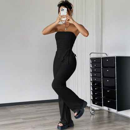 Women's Two-Piece Set – Strapless Bandeau Top – High-Waisted Flared Pants – Stretchable Fit