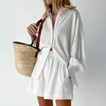 Women's Set with Blouse and Shorts – Relaxed Fit – Jacquard – Puff Sleeves – Elastic Waist