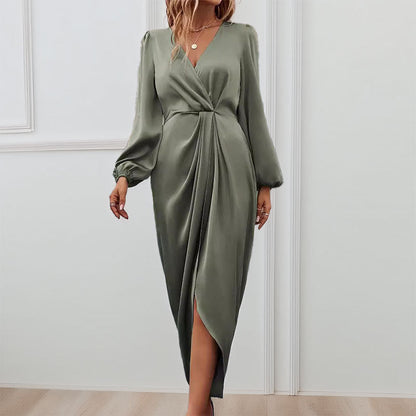Dress for Women – Long Sleeved – V-Neckline – Puff Sleeves – Satin Look – Wrap Effect