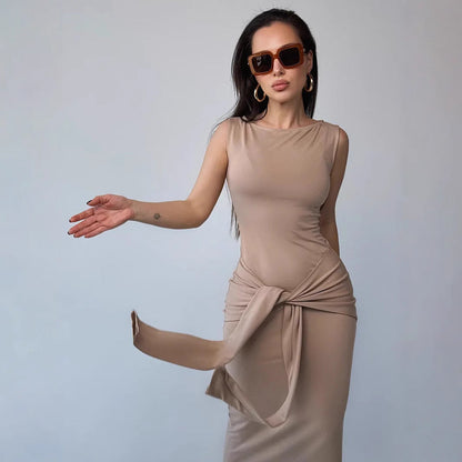Women's Dress Bodycon – Slim Fit – Sleeveless Maxi – Round Neck – Waistband Elegant Style