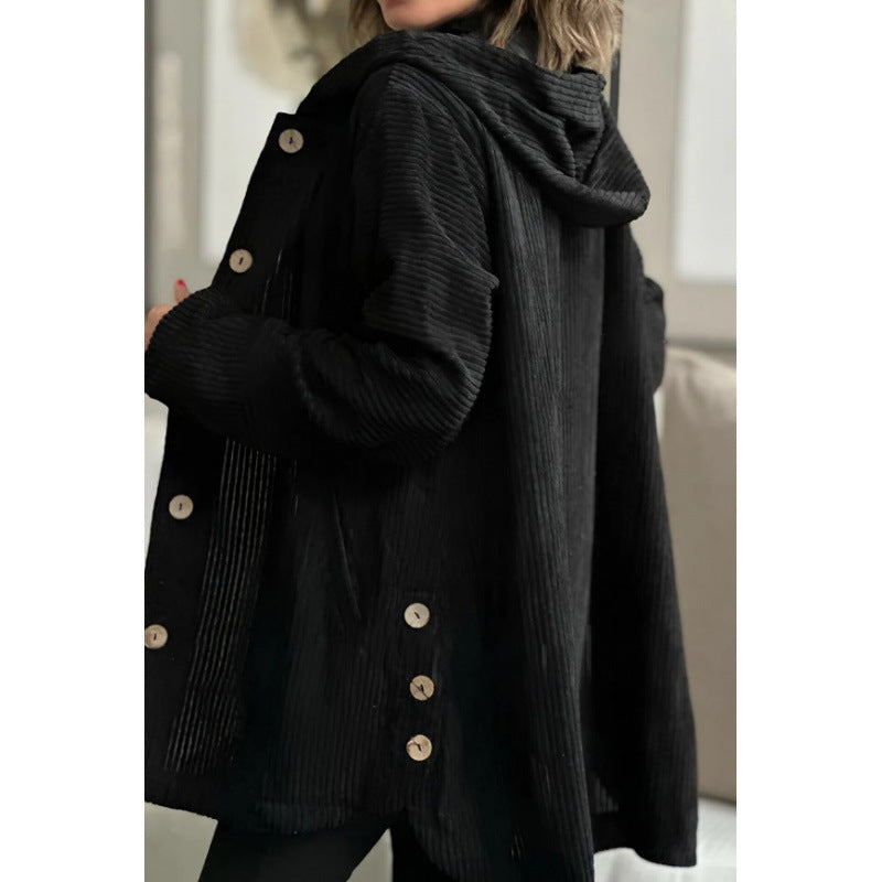 Women's Jacket with Hood – Corduroy – Relaxed Fit – Mid-Length – Button Details