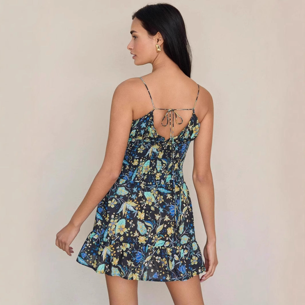 Women's Summer Dress – Light Cotton – Smocked Bodice – A-line – Ruffle Edge – Spaghetti Straps