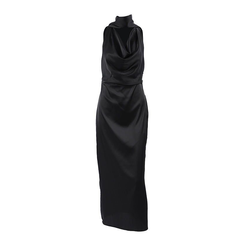 Women's Halterneck Dress – Satin – Draped Cowl Neck – Bodycon Fit – Midi Length
