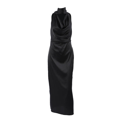 Women's Halterneck Dress – Satin – Draped Cowl Neck – Bodycon Fit – Midi Length