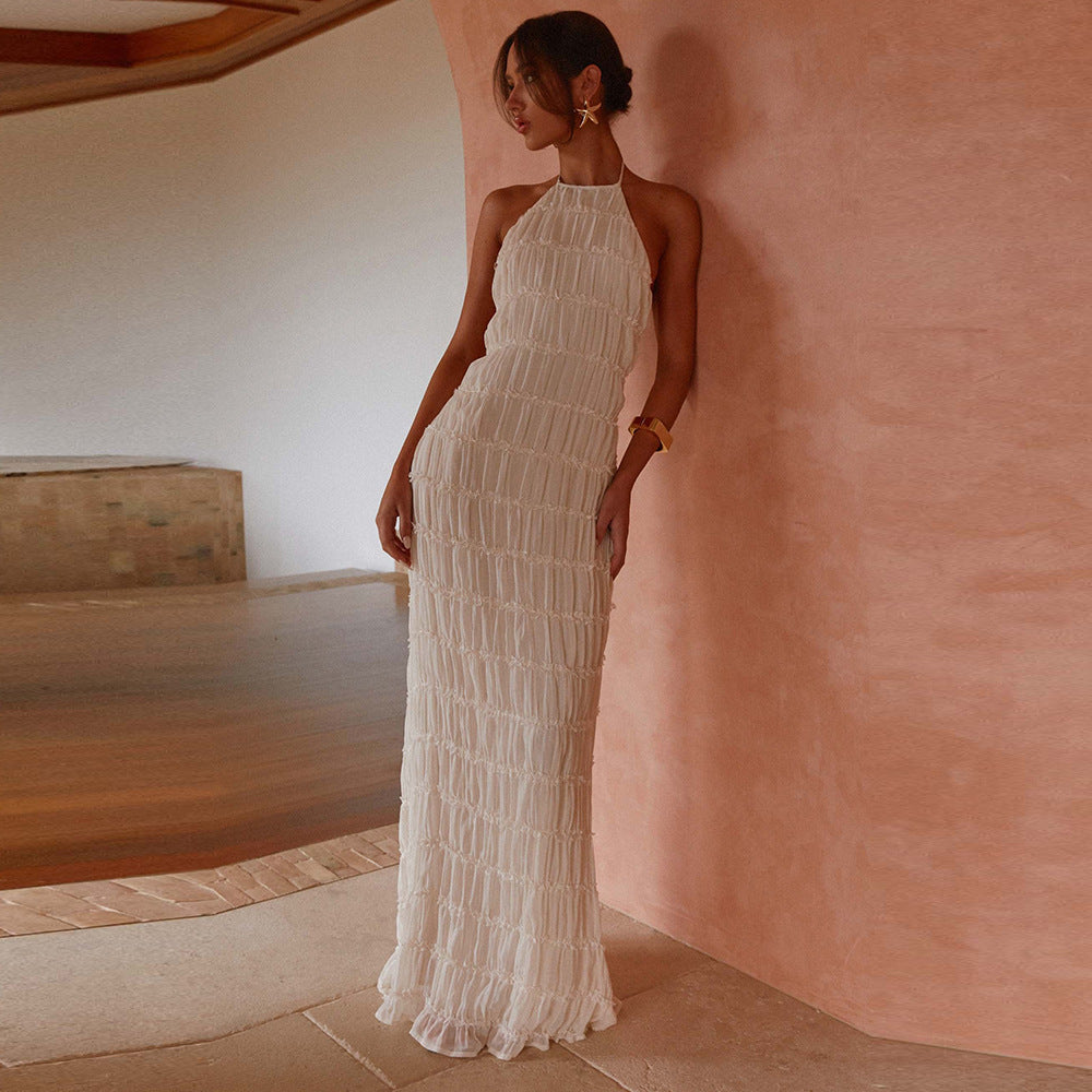 Women's Maxi Dress – Fitted Silhouette – Halterneck – Ruched Texture – Open Back