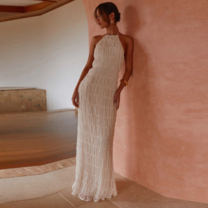 Women's Maxi Dress – Fitted Silhouette – Halterneck – Ruched Texture – Open Back