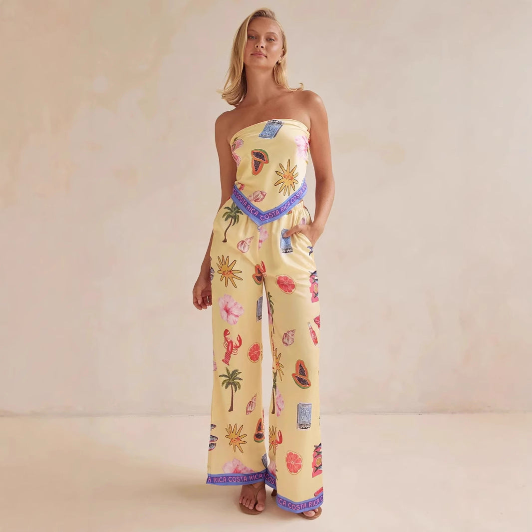 Women's Set – Strapless Satin Top – Wide Trousers – Relaxed Fit – Patterned Design
