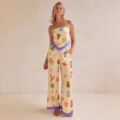 Women's Set – Strapless Satin Top – Wide Trousers – Relaxed Fit – Patterned Design