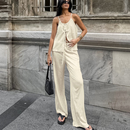 Women's Two-Piece Set – Sleeveless Tie Top with Spaghetti Straps – High-Waisted Wide-Leg Pants