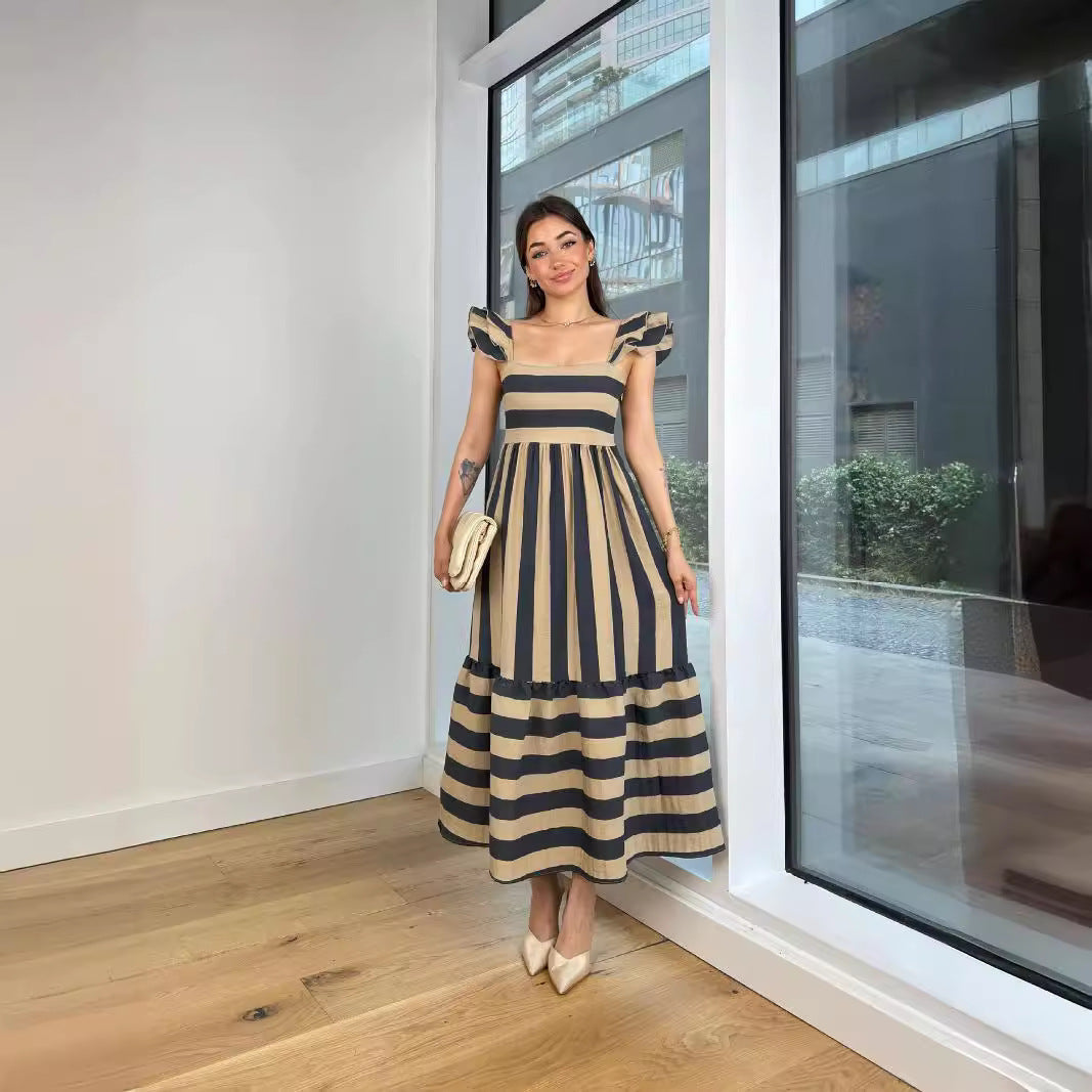 Women's Midi Dress – Cotton Blend – Relaxed Fit – Off Shoulder – Striped – Ruffle Sleeves