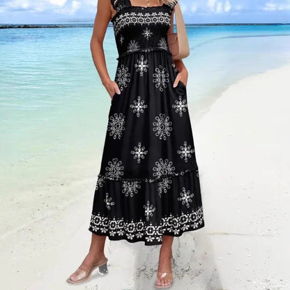 Dress for Women – Cotton Blend – Loose Fit – Ruched Sleeves – Midi with Palm Print