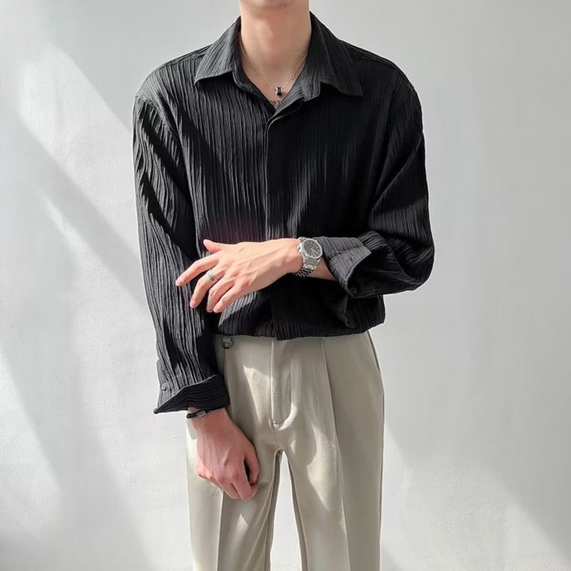 Men`s Long-Sleeve Shirt – Crinkled Texture – Oversized Fit – Button Closure
