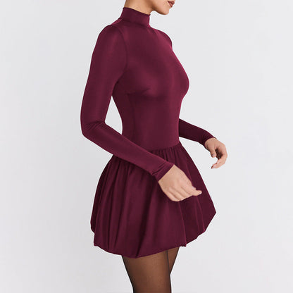 Women's A-line Mini Dress – Slim Fit – High Neck – Long Sleeves – Balloon Skirt