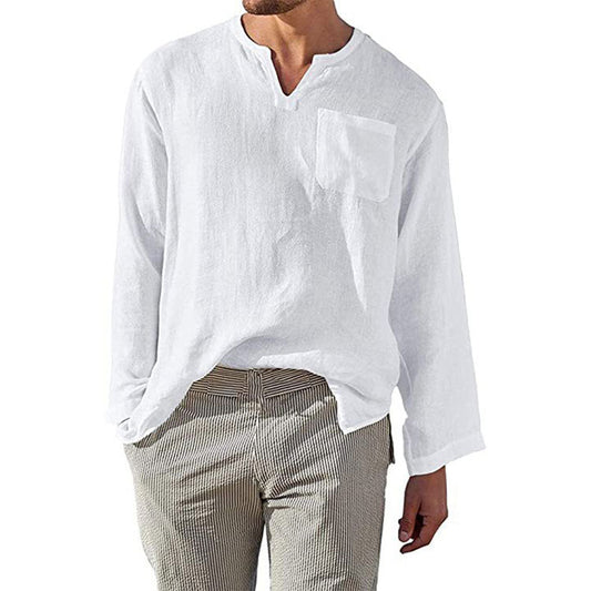 Men's Shirt with Long Sleeves – Linen-Cotton Blend – Relaxed Fit – Mandarin Collar
