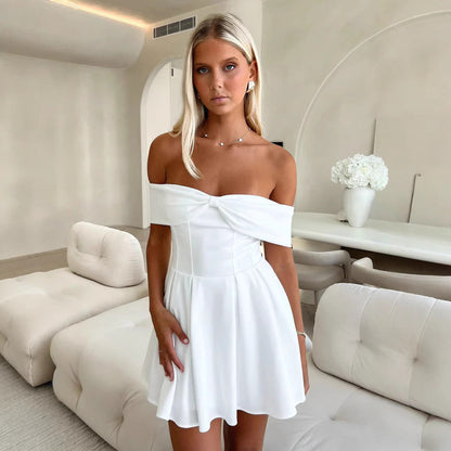 Women's Dress – Off Shoulder Mini – A-line Cut – Light and Breathable Material – Bow Detail